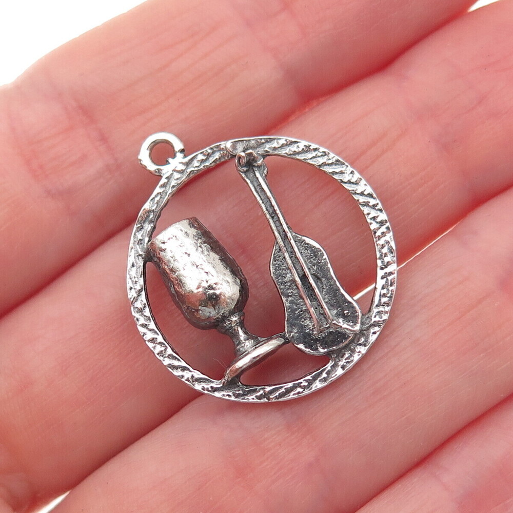 925 Sterling Silver Vintage Goblet & Guitar Oxidized Charm Pendant